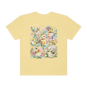 Divertida camiseta de pato con salpicaduras de acuarela transparente y flores de colores / Camiseta de amante de los patos de acuarela para primavera, camiseta retro de los años 90 Butter