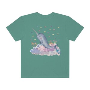 Funny Narwhal Tee Shirt with Dreamcore Aesthetic and Stars: Nineties Throwback | Kitschy Grandma Style Shirt, Eighties Inspired Colorful Tee Light Green