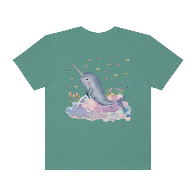 Funny Narwhal Tee Shirt with Dreamcore Aesthetic and Stars: Nineties Throwback | Kitschy Grandma Style Shirt, Eighties Inspired Colorful Tee Light Green