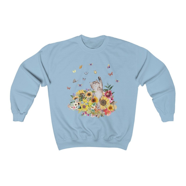 Cat Sweatshirt for Fall: 90's Throwback Shirt | Gift for Cat Mom, Funny Cat Sweatshirt, Nostalgic Sweatshirt of Cat, Kitten with Butterflies Light Blue