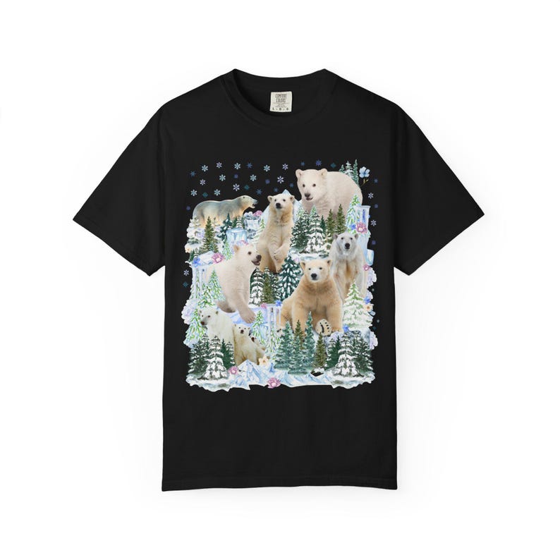 Boho Polar Bear Tee Shirt with Trees, Cute Forestcore Bear Lover Shirt with Snowflakes, Cozy Animal Lover Tee, Nineties Throwback Animal Tee Black