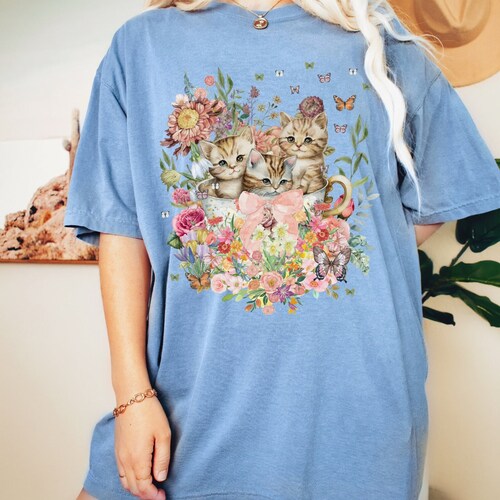 Cottagecore Cat Shirt for Cat Mom: Funny Watercolor Kittens in Cup | Colorful and Kitschy 90s Throwback Shirt with Flowers, Cat Lover Gift