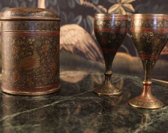 Vintage Embossed Brass Liqueur Cups and Canister Set