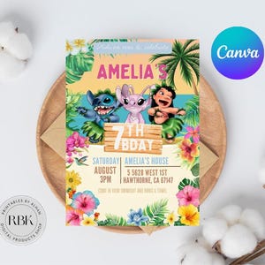Convite personalizado editável para impressão, convite de aniversário de Lilo e Stitch, modelo de convite para festa de Stitch, aniversariante de Stitch Canva Edit