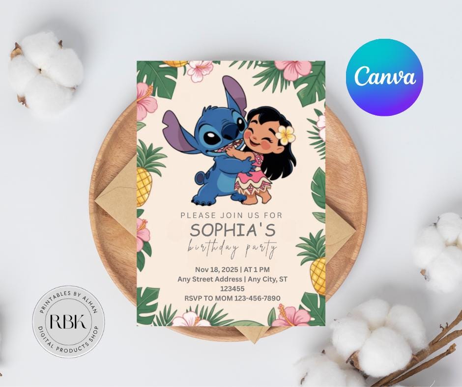 Stitch and Lilo Birthday Invitation, Editable & Printable Template, Beautiful Invitation for Your Little One's Birthday, Editable in Canva