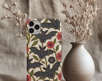 Bat Wildflower Phone Case, Gothic Faux Stained Glass Design