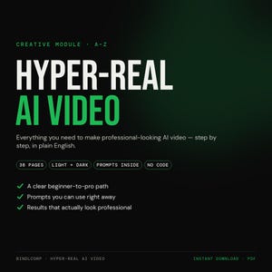 May include: A digital document titled CREATIVE MODULE A-Z HYPER-REAL AI VIDEO. It includes 38 pages, light and dark themes, prompts, and no-code instructions. Features include a beginner-to-pro path, ready-to-use prompts, and professional results.