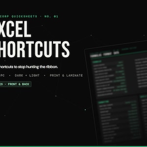 Excelショートカットチートシート｜印刷可能なキーボードショートカットガイド｜Mac＆PC対応｜ダークモード＋ライトモード｜PDF即時ダウンロード｜ラミネート加工済みデスクリファレンス