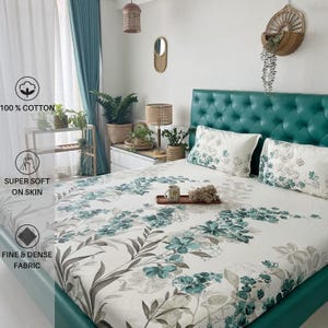 Drap double floral en coton 200 TC, 1 drap, 2 taies d'oreillers, turquoise