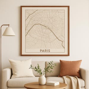 Impresión artística de pared con el mapa de París: póster minimalista de París, Francia. Decoración de viaje de estilo vintage para sala de estar u oficina. Imprimible en PDF.