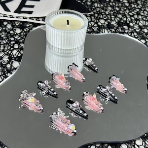 Gothic Fantasy Pink and Black Press - On Nails with Intricate 3D Metal Charms for Party, Cosplay, and Y2K Fashion Statements