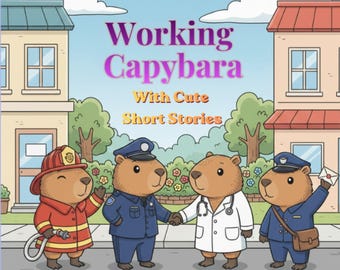 Può includere: Una copertina di un libro da colorare intitolata Working Capybara With Cute Short Stories. L'illustrazione mostra quattro capibara vestiti da vigile del fuoco, poliziotto, medico e postino davanti a due edifici sotto un cielo azzurro.