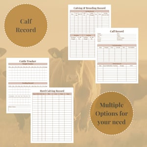 May include: A collection of printable record sheets for cattle management, including calf records, calving and breeding records, and a cattle weight tracker. The image features a cow in the background and text that reads "Calf Record" and "Multiple Options for your need."