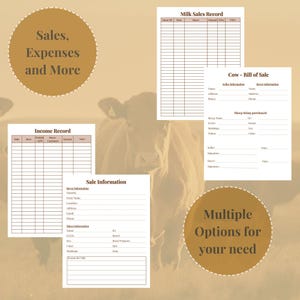 May include: A collection of farm record forms, including a milk sales record, income record, and sale information. The forms are displayed on a light brown background with text that reads "Sales, Expenses and More" and "Multiple Options for your need."