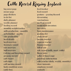 May include: A logbook titled "Cattle Record Keeping Logbook" with a list of record-keeping categories. Categories include daily and weekly planners, feeding records, milk production, and financial trackers. The background features a blurred image of cattle.