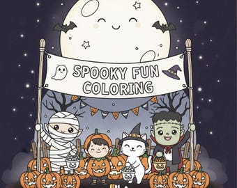 May include: A whimsical Halloween illustration featuring a smiling moon, bats, and stars. A banner reads "Spooky Fun Coloring." Characters include a mummy, pumpkin-headed child, cat in a witch hat, and Frankenstein's monster, all holding treat buckets. Pumpkins line the foreground.