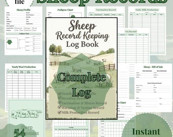 Könnte beinhalten: Eine digitale PDF-Datei mit dem Titel "Sheep Records" in grün-weißem Design. Das Bild enthält ein Logbuchcover mit einer Landschaftsillustration und verschiedene Formulare zur Aufzeichnung von Schafen, wie z. B. Zucht, Impfung und Milchproduktion.