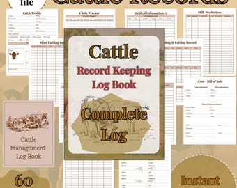 Puede incluir: Un conjunto de páginas imprimibles para un libro de registro de ganado. La portada presenta una ilustración marrón de dos vacas y el texto "Cattle Record Keeping Log Book Complete Log". Incluye páginas para perfiles de ganado y producción de leche.