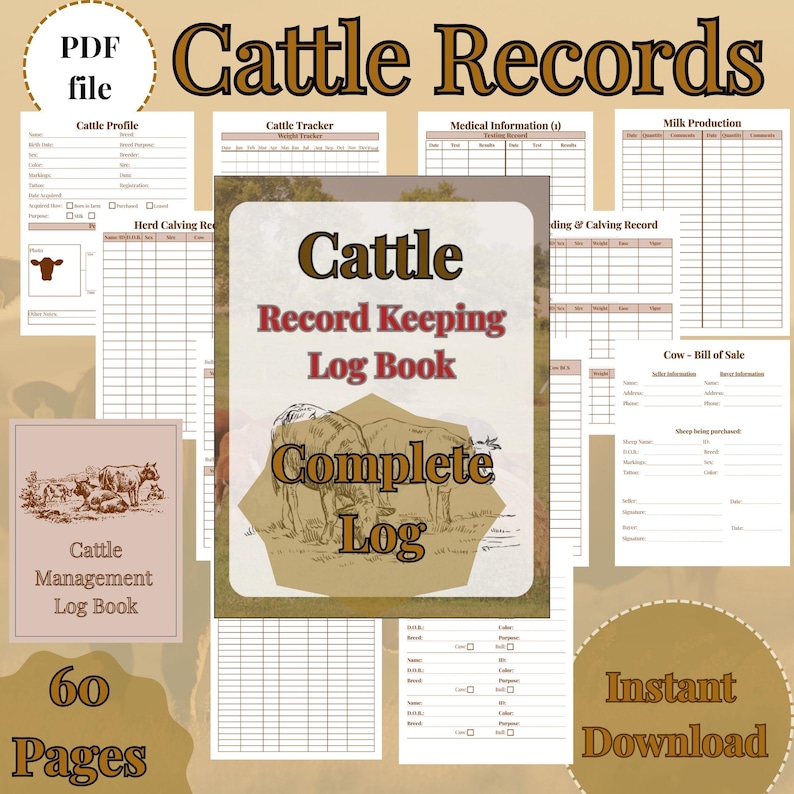 May include: A collection of printable cattle record-keeping log book pages. The cover features a brown illustration of two cows and the text "Cattle Record Keeping Log Book Complete Log". Includes pages for cattle profiles, medical information, and milk production.