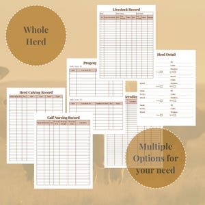 May include: A collection of farm record sheets with headings like "Livestock Record," "Herd Detail," and "Calf Nursing Record." The sheets are arranged on a tan background, with text in black and brown. The words "Whole Herd" and "Multiple Options for your need" are also visible.
