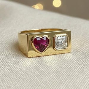 Anel de casamento com rubi em corte coração e corte Asscher, anel de duas pedras, anel de noivado "Toi Et Moi" em prata 925, anel de pedido de casamento unissex