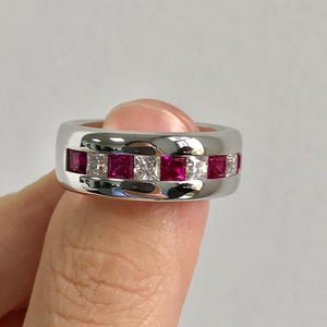 Jonc empilable demi-éternité, jonc large neuf pierres en argent sterling 925, jonc de fiançailles taille princesse rubis rose, bague en pierres précieuses
