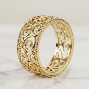スクロールワークフィリグリーバンド、フルエタニティヴィンテージスタイルバンド、925スターリングシルバーエドワード朝バンド、オープンワークアンティークスタッカブルエンゲージバンド