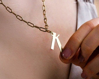 Alphabet Typography Initial Necklace, Statement Name Necklace, Handmade Personalised Gift for Girls, Chunky Paperclip Chain , GOLD ABC