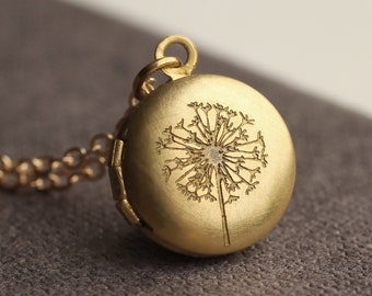 Collana con medaglione d'oro con foto, medaglione botanico di fiori selvatici di tarassaco, piccola collana di medaglione, medaglione fotografico personalizzato, TINY ROUND LOCKET