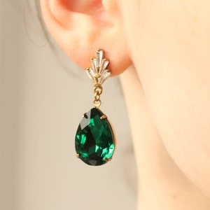 Art Deco Emerald Earrings, Art Nouveau, Baguette Rectangle Emerald Green Diamond Drop Earrings 1920 Chrysler Vintage EMERALD TEARDROP CCPOST
