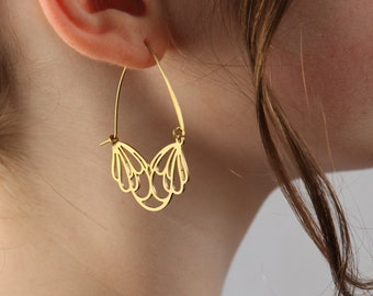Gold Flower Hoop Earrings, Art Nouveau Bohemian Gold Chandeliers, Statement Gold Earrings, Medium Mid Size Hoop Earrings, FLOWER HOOPS