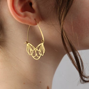 Gold Flower Hoop Earrings, Art Nouveau Bohemian Gold Chandeliers, Statement Gold Earrings, Medium Mid Size Hoop Earrings, FLOWER HOOPS image 1