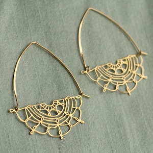 Gold Lace Hoop Earrings, Filigree Bohemian Gold Chandelier Earrings, Laser Cut Statement Gold Earrings, Gift for Best Friend Sister