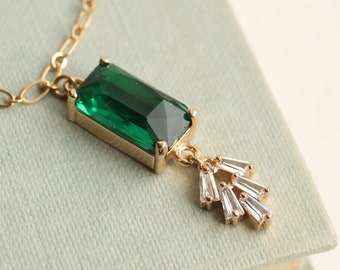 Art Deco Emerald Necklace, Art Nouveau, Baguette Rectangle Green Diamond Drop Necklace 1920s Bridal Bridesmaid  EMERALD BAR CC NECk T2