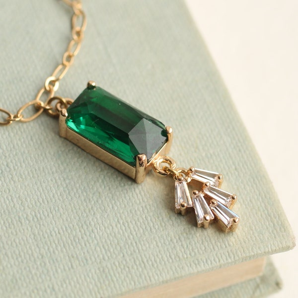 Art Deco Emerald Necklace, Art Nouveau, Baguette Rectangle Green Diamond Drop Necklace 1920s Bridal Bridesmaid  EMERALD BAR CC NECk T2