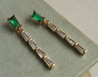 Art Deco Emerald Earrings, Art Nouveau, Baguette Rectangle, Jade Green, Emerald Green Diamond Drop Earrings 1920s Gatsby, EM BAGUETTE & ROW