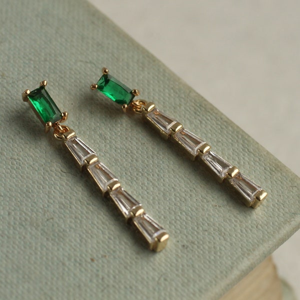 Art Deco Emerald Earrings, Art Nouveau, Baguette Rectangle, Jade Green, Emerald Green Diamond Drop Earrings 1920s Gatsby, EM BAGUETTE & ROW