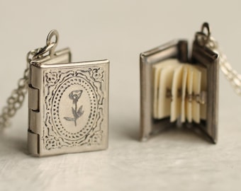 Silver Book Locket Necklace, Personalized Poppy Necklace, Birth Flower Locket with Photos, Victorian Book Locket, Book Gift Idea LKSP-5