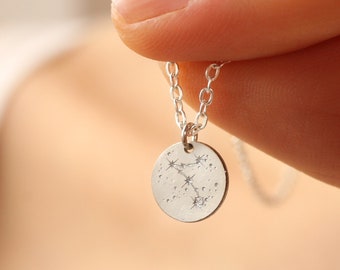 Sterling Silver Zodiac Star Sign Necklace, Tiny Charm Necklace, Personalised Constellation Gift, Astrology Jewelry Gift, TINY ZODIAC DISC