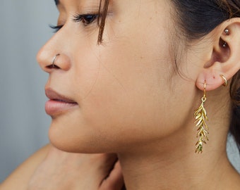 Pendientes de hoja de romero, pendientes de hoja de oro, pendientes de rama de ramita, pendientes de hoja de planta natural, pendientes de flores silvestres de pradera, PENDIENTES DE ROMERO