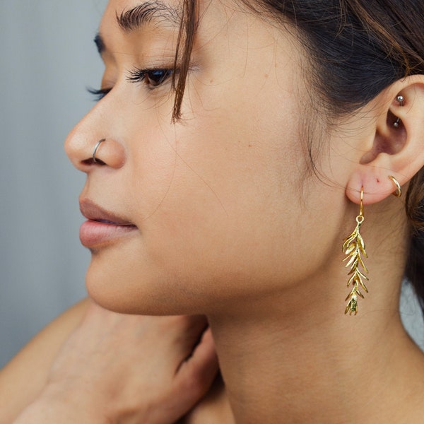 Rosemary Leaf Earrings, Gold Leaf Earrings, Twig Branch Earrings, Nature Plant Leaf Eearrings, Meadow Wildflower Earrings, ROSEMARY EARRINGS