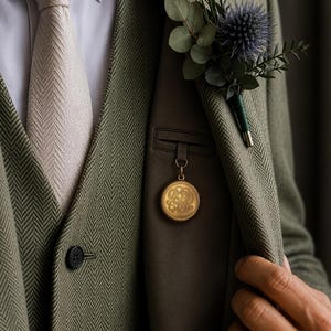Peut inclure: Un costume trois-pièces vert sauge à motif chevrons avec une chemise blanche et une cravate beige clair à chevrons. Une montre de gousset ronde en or est suspendue au revers, accompagnée d'une boutonnière composée d'un chardon bleu et d'eucalyptus.