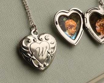 Art Nouveau Heart Locket Necklace: Silver Initial Engraving, Personalized Photo LKSP-6