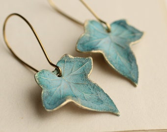 Blue Leaf Earrings, Ivy Leaf Earrings, Nouveau Boho Earrings, Long Cornflower Periwinkle Earrings, Lily Pad, Boho Jewelry, BLUE IVY EARRINGS