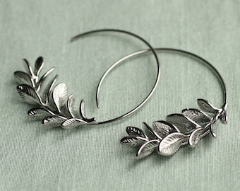 Rosemary Hoop Earrings, Silver Leaf Hoop Earrings, Twig Branch Earrings, Nature Plant Leaf Earrings, Woodland Earrings, ROSEMARY HOOPS