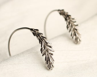 Rosemary Hoop Earrings, Silver Leaf Hoop Earrings, Twig Branch Earrings, Nature Plant Leaf Earrings, Woodland Earrings, TINY ROSEMARY HOOPS