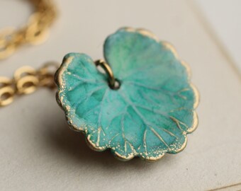 Turquoise Leaf Necklace, Sea Green Lily Pad Leaf Pendant, Nouveau Boho Necklace, Turquoise Blue Aqua Lily Pad, STANDARD LEAF NECKLACE