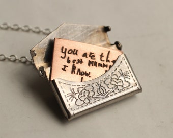 Handwriting Envelope Locket Necklace, Engraved Silver Handwriting Necklace, Proposal, Bridesmaid Necklace SILVER EMBOSSED ENV Handwriting