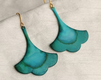 Green Turquoise Blue Earrings, Verdigris Drop Earrings, Scallop Earrings, Art Nouveau, Jade Green Earrings, VERDIGRIS NOUVEAU EAR