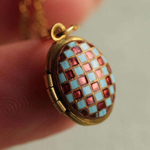 Victorian Turquoise Locket: Personalized Miniature Enamel Jewelry Gift LKGP-2